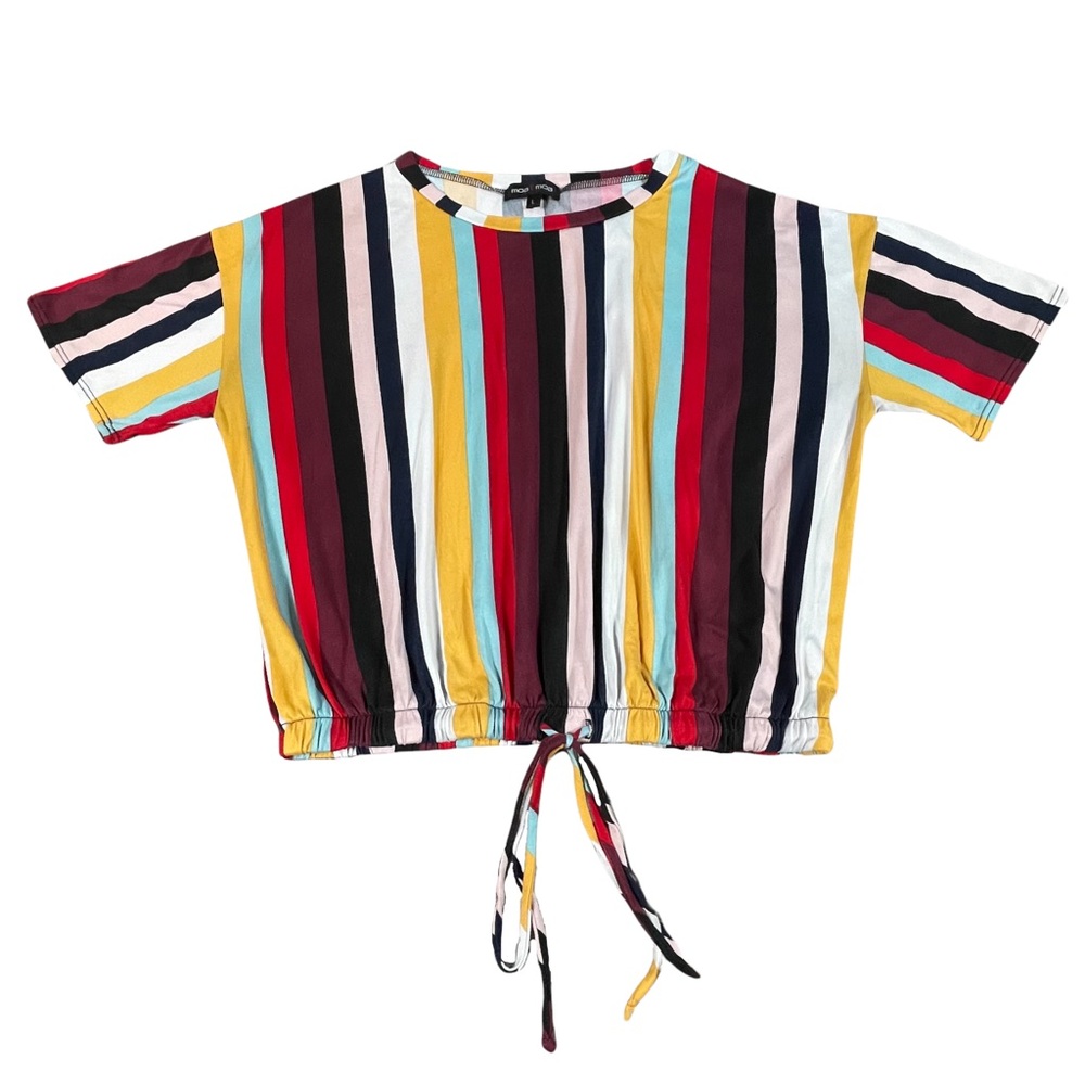 Moa Moa size large colorful striped crop top cinched waist short sleeve shirt